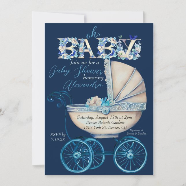 Baby Carriage Boy Baby shower Invitation (Devant)