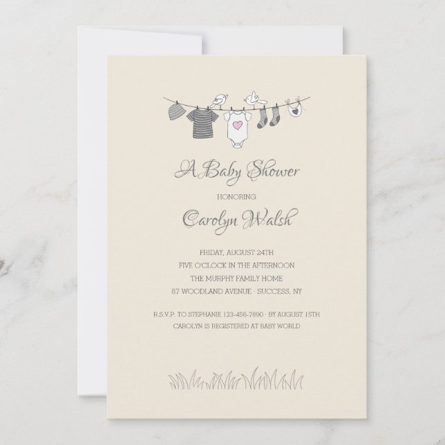 Baby Clothesline Girl Baby shower Invitation (Devant)