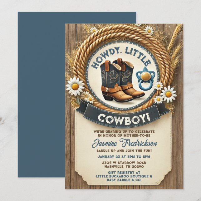 Baby Cowboy Bleu Baby shower Occidental Invitation (Devant / Derrière)