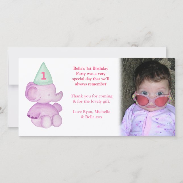 Baby Elephant 1er anniversaire Merci Carte photo (Devant)