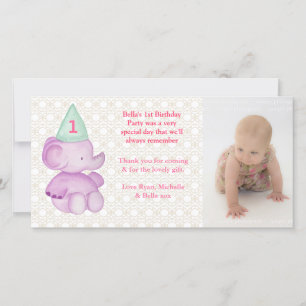 Baby Elephant 1er anniversaire Merci Carte photo
