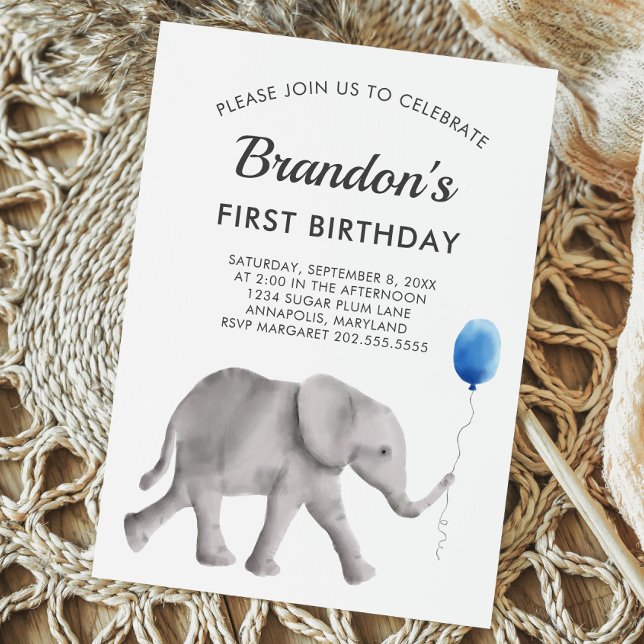 Baby Elephant Anniversaire Fête Invitation Blue Gr (Créateur téléchargé)
