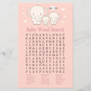 Baby Elephant Baby shower Word Recherche Jeu
