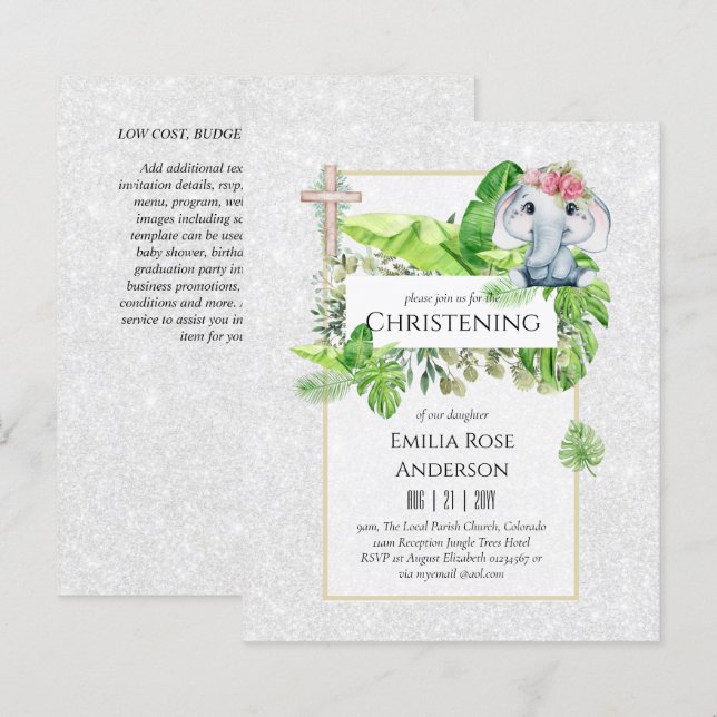 Baby Elephant CHRISTENING Invitation pour les fill (Devant / Derrière)