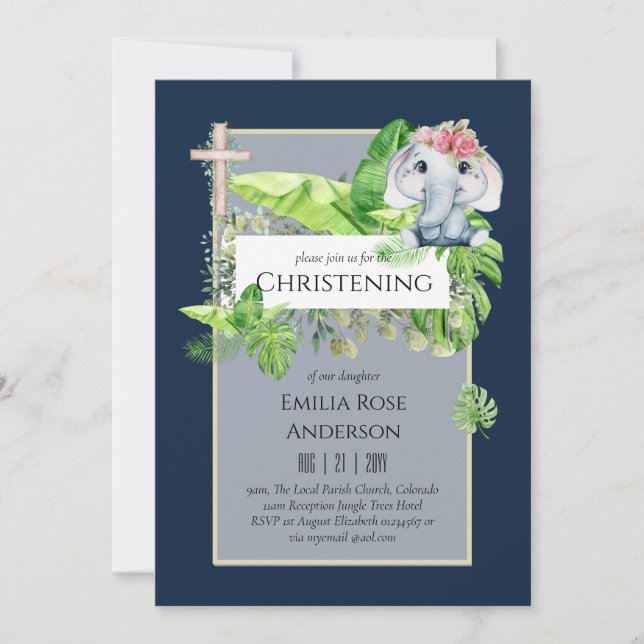 Baby Elephant CHRISTENING Invitation pour les fill (Devant)