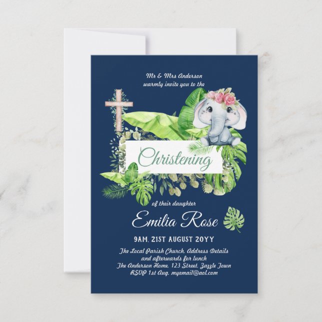 Baby Elephant CHRISTENING Invitation pour les fill (Devant)