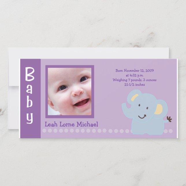 Baby Elephant Purple 4x8 Faire-part de naissance P (Devant)