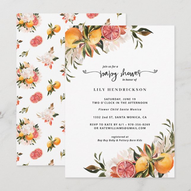 Baby en Fleur | Invitation à la Baby Shower Citrus (Devant / Derrière)