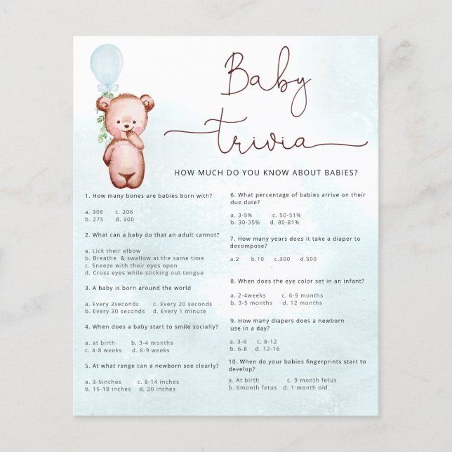 Baby Facts Trivia Jeu Baby shower Teddy Bear (Devant)