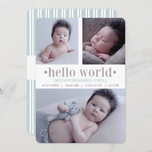 Baby Faire-part Hello World Taupe/Aqua 3 Photo