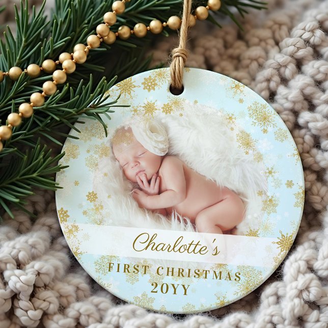 Baby First Christmas Magical Gold Snowflakes Photo (Baby First Christmas Magical Gold Snowflakes Photo Ornament)