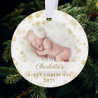 Baby First Christmas Magical Gold Snowflakes Photo