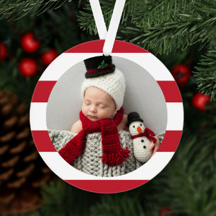 Baby First Christmas Modern Red Stripes Photo