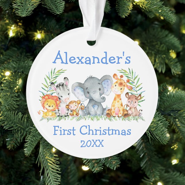 Baby First Christmas Safari Animaux Blue Round (Customize with name and year.)