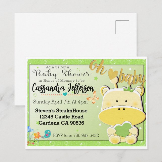 Baby Giraffe Baby shower de carte postale invitati (Devant / Derrière)