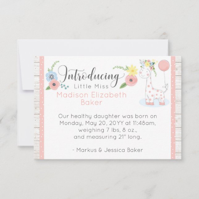 Baby Giraffe Rustique Floral Baby Faire-part de na (Devant)