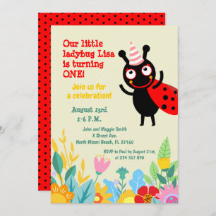 Baby girl 1er anniversaire ladybug fête invitation