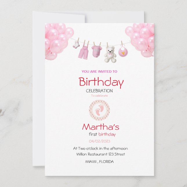 baby girl birthday invitation card (Devant)