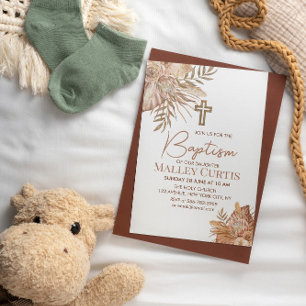 Baby Girl Boho Floral Brown Baptême Invitation