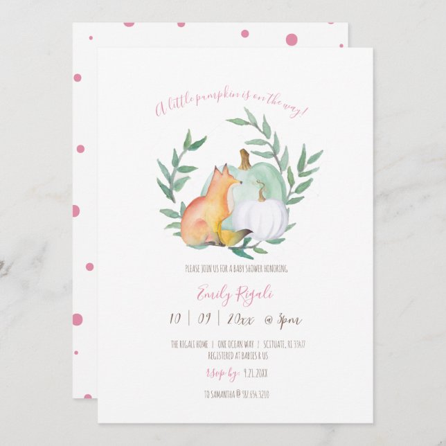 Baby Girl Douche Invitations Aquarelle Fox (Devant / Derrière)