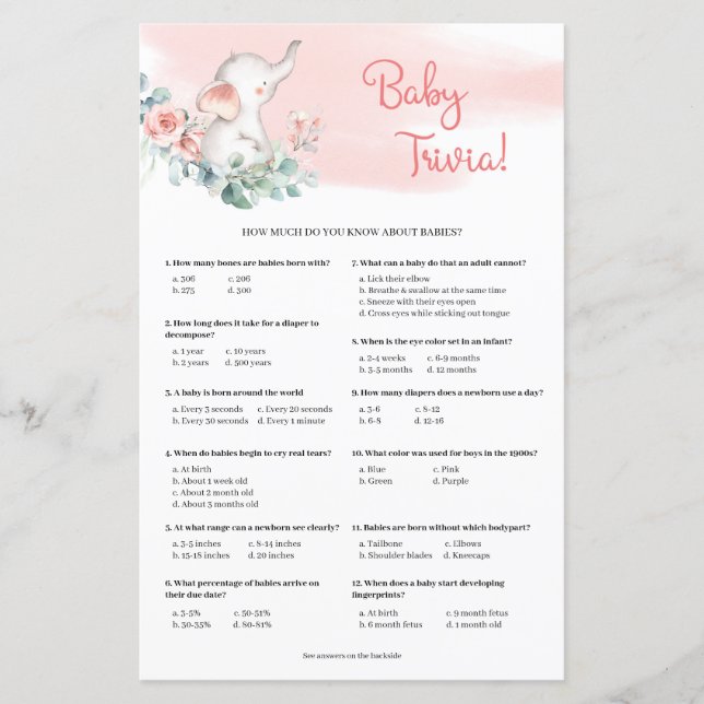 Baby Girl Elephant Eucalyptus Baby Trivia jeu (Devant)
