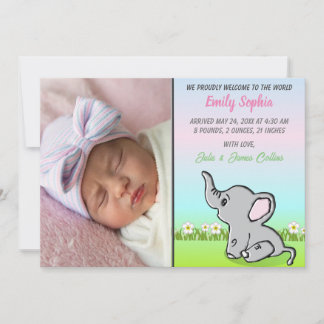 Baby Girl Elephant Flat Faire-part Card