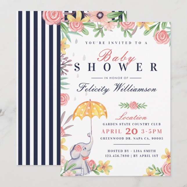 Baby Girl Elephant Umbrella Baby shower Invitation (Devant / Derrière)