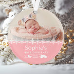 Baby Girl First Christmas Photo personnalisée rose<br><div class="desc">Célébrez le premier Noël d'une petite fille avec cet adorable ornement de gardiens,  avec des flocons de neige blancs et du texte sur un arrière - plan rose. Personnalisez-le avec la photo,  le nom et l'année de naissance du bébé.</div>