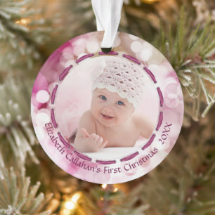 Baby Girl First Christmas Pink Bokeh Deux photos