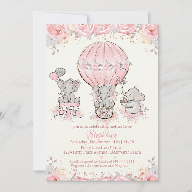 Baby Girl Hot Air Balloon Shower Invitation (Devant)