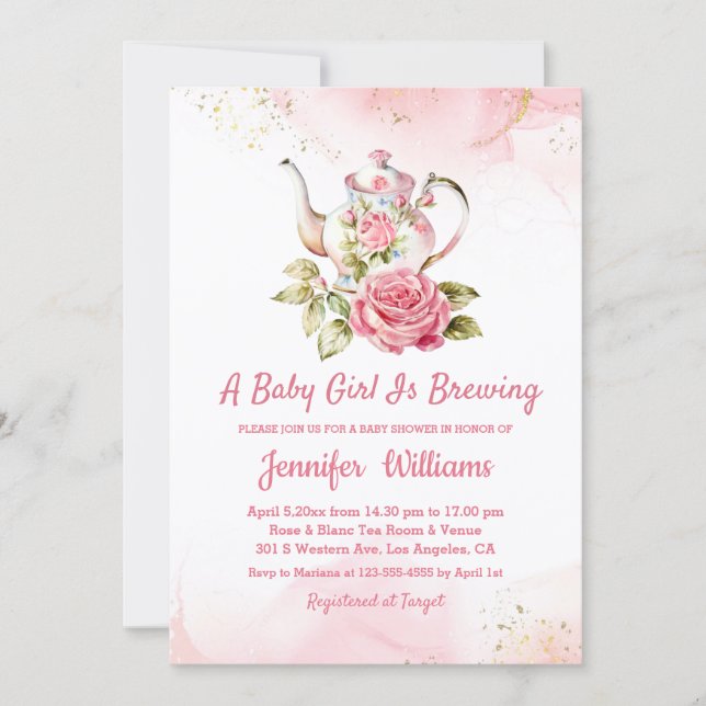 baby girl is brewing pink tea party invitation  (Devant)