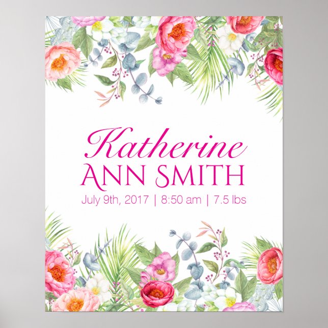 Baby Girl Name Birth Stat Custom Floral Art Poster (Devant)