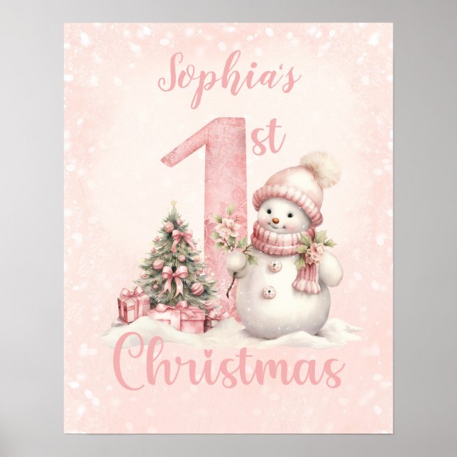 Baby Girl Name First Christmas Pink Nursery Poster (Devant)