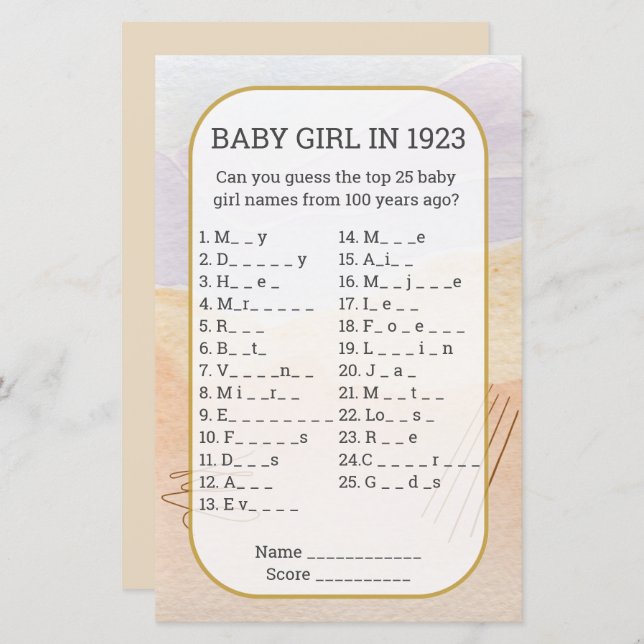 Baby Girl Name Remplir dans le jeu de Baby shower  (Devant / Derrière)