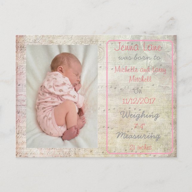 Baby Girl Notes musicales Carte postale Annonce de (Devant)