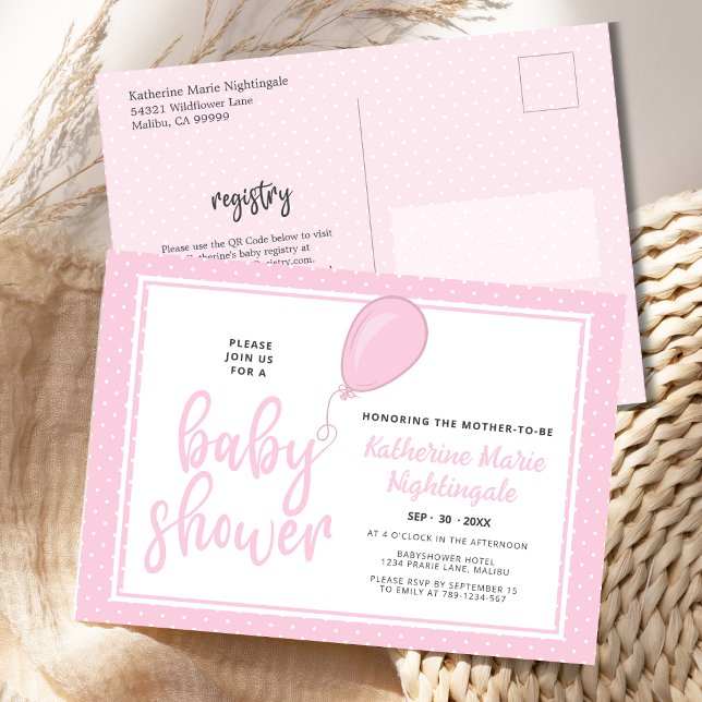 Baby Girl Pastel Baby shower rose Invitation (Pastel Pink Polka Dots Baby Shower Postcard Invitation with balloon, registry.)
