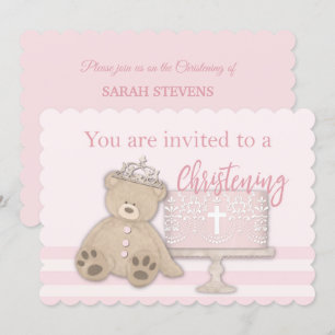 Baby Girl Pink Baptism Invitation Gâteau Teddy Our