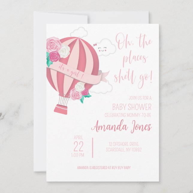 Baby Girl Rose Hot Air Balloon Shower Invitation (Devant)
