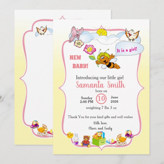 baby girl shower invitation with a cute bee (Devant / Derrière)