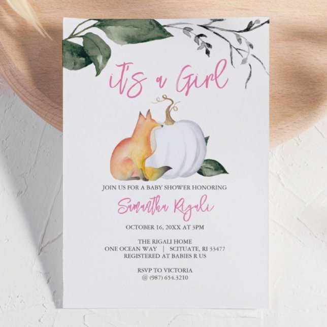 Baby Girl Shower Invitations Citrouille et Fox (Autumn-themed baby shower invites white pumpkin with fox and foliage girl)