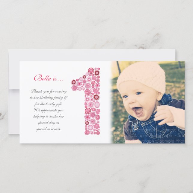 Baby Girls 1er anniversaire Merci Carte photo (Devant)
