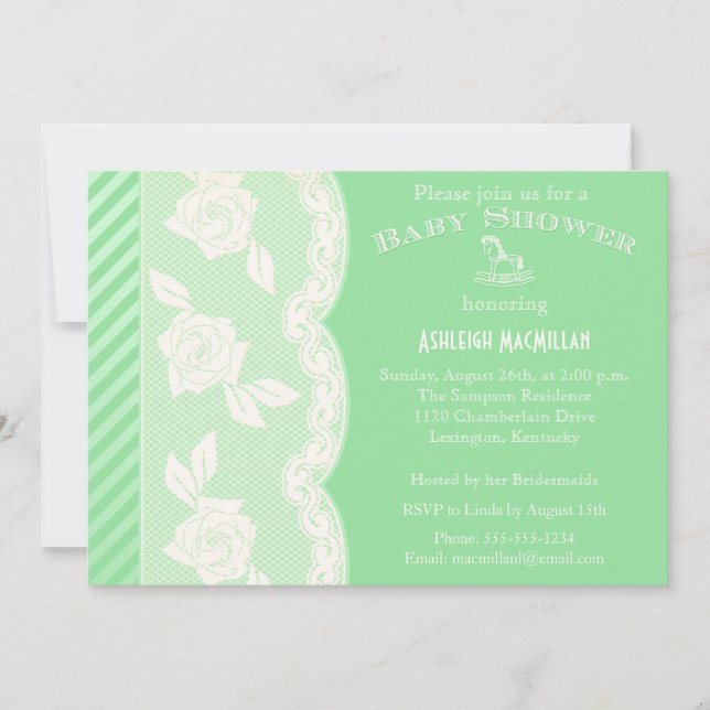 Baby Green, ivoire Floral dentelle Invitation Baby (Devant)
