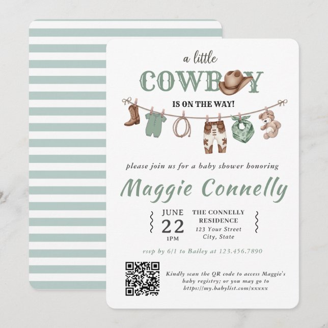 Baby Green Little Cowboy is on the Way Invitation (Devant / Derrière)