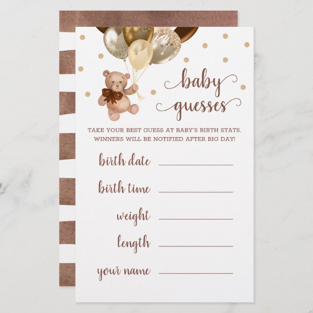 Baby Guesses Jeu Baby shower Teddy Bear (Devant / Derrière)