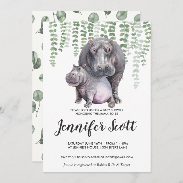 Baby Hippo Jungle Baby shower Invitation (Devant / Derrière)