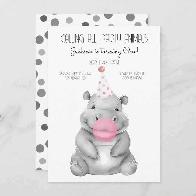 Baby hippo noir et blanc Invitation d'anniversaire (Devant / Derrière)