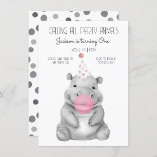 Baby hippo noir et blanc Invitation d'anniversaire