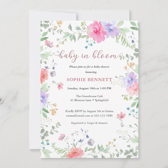 Baby in Bloom Aquarelle florale Invitation (Devant)