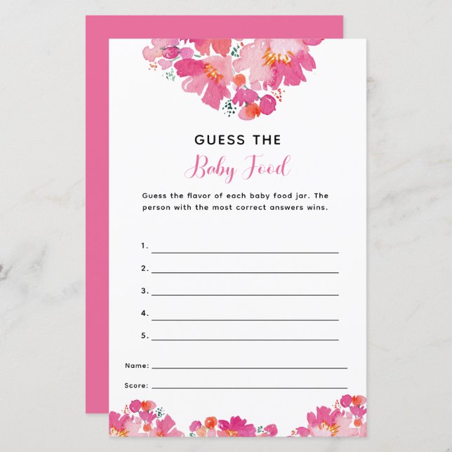 Baby in Bloom Baby shower Guess the Baby Food Game (Devant / Derrière)