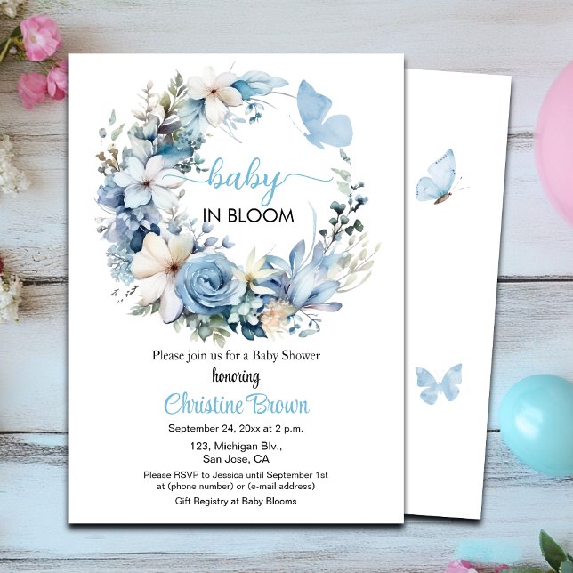 Baby in Bloom Blue Garland Baby shower Invitation (Créateur téléchargé)